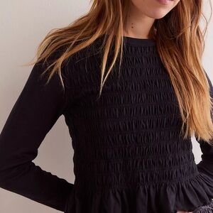 Black Smocked Long Sleeve Top